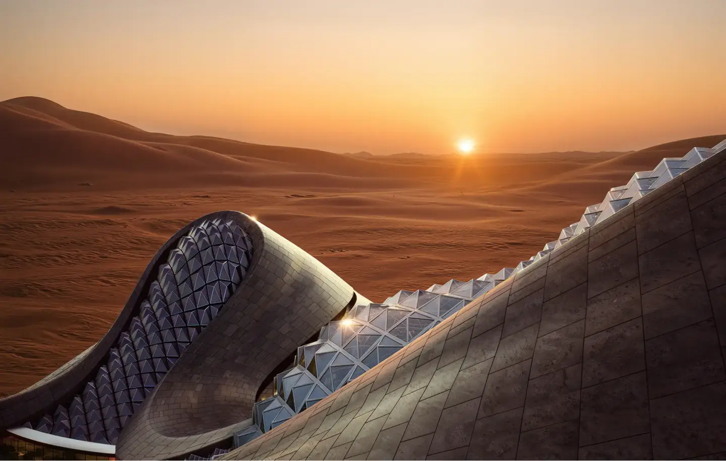 Close-up of modern desert architecture roof with geometric glazing overlooking expansive desert dunes at sunset