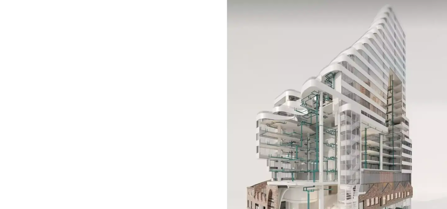 High-rise building cutaway showing structure and systems, Corona vs V-Ray Architectural Visualization Comparison