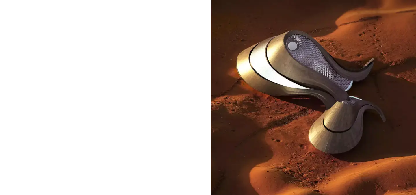 Futuristic building in desert dunes with curved design, desert architecture principles