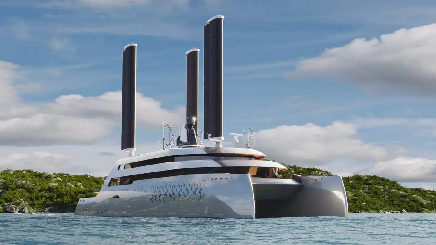Top Yacht Rendering Studios — Best Yacht Visualization & 3D Renders Futuristic superyacht concept presented as a 3D yacht rendering on open water near a green shoreline