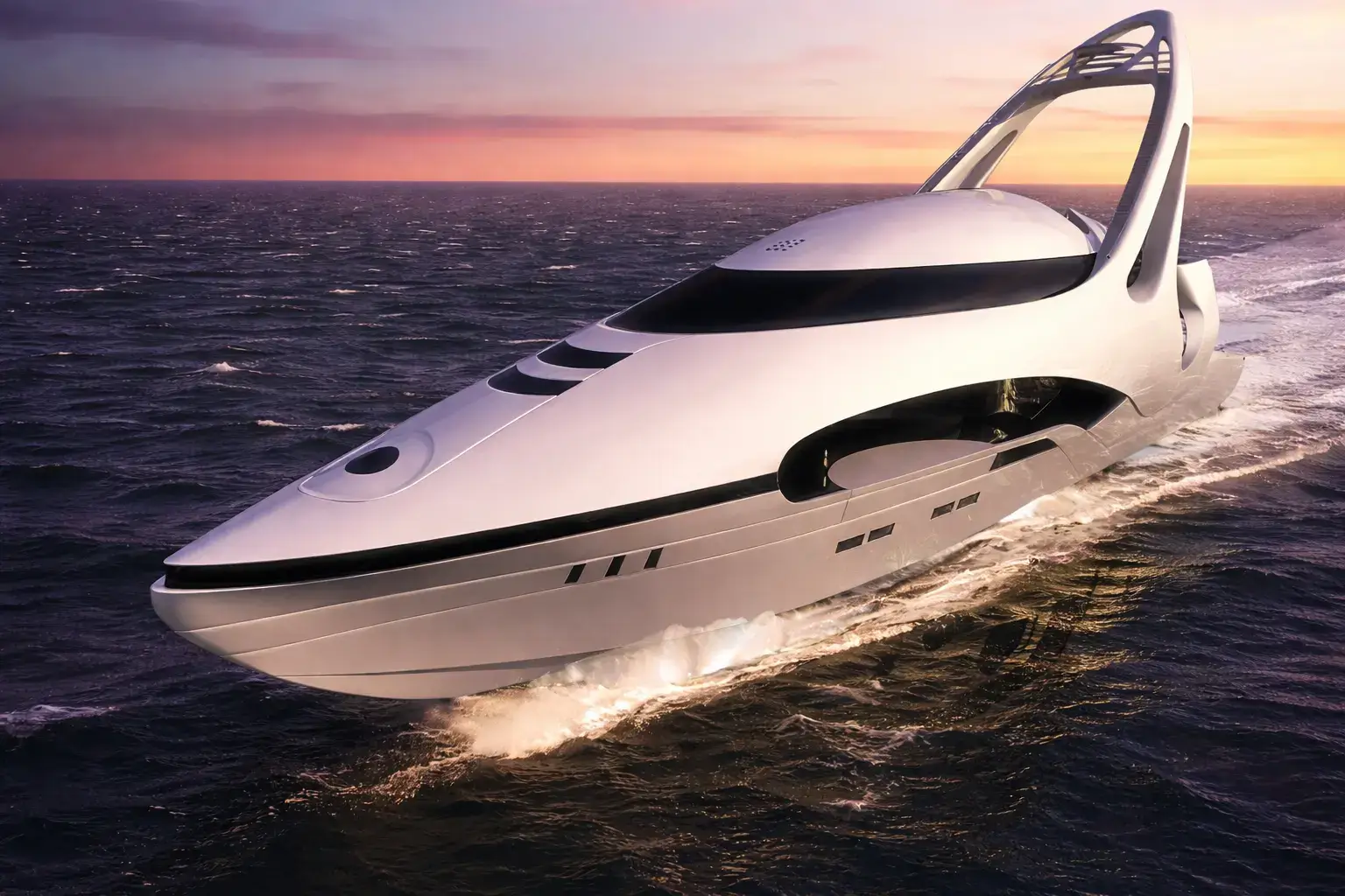 Top Yacht Rendering Studios — Best Yacht Visualization & 3D Renders Futuristic motor yacht cruising on open sea at sunset with sculpted hull and elevated superstructure