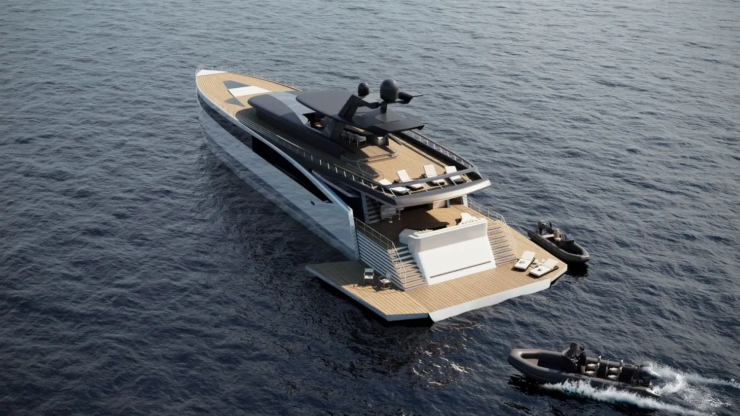 Top Yacht Rendering Studios — Best Yacht Visualization & 3D Renders Large motor yacht seen from above on open water with tiered decks and support boats alongside