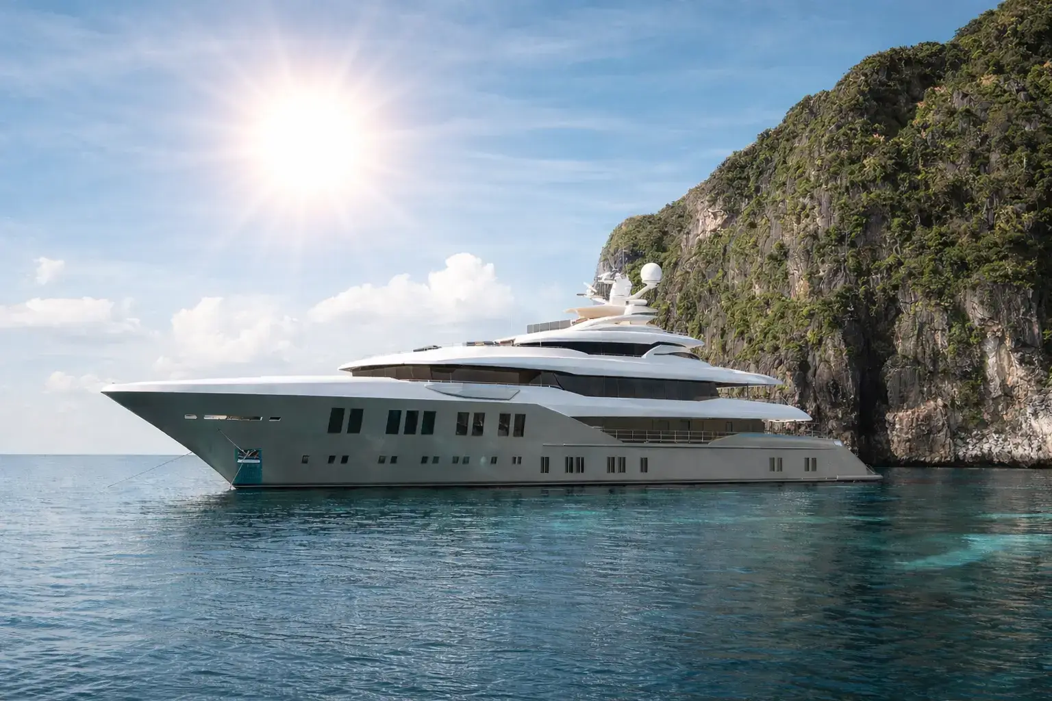 Top Yacht Rendering Studios — Best Yacht Visualization & 3D Renders Luxury superyacht cruising through a narrow rocky cove with clear blue water and steep cliffs