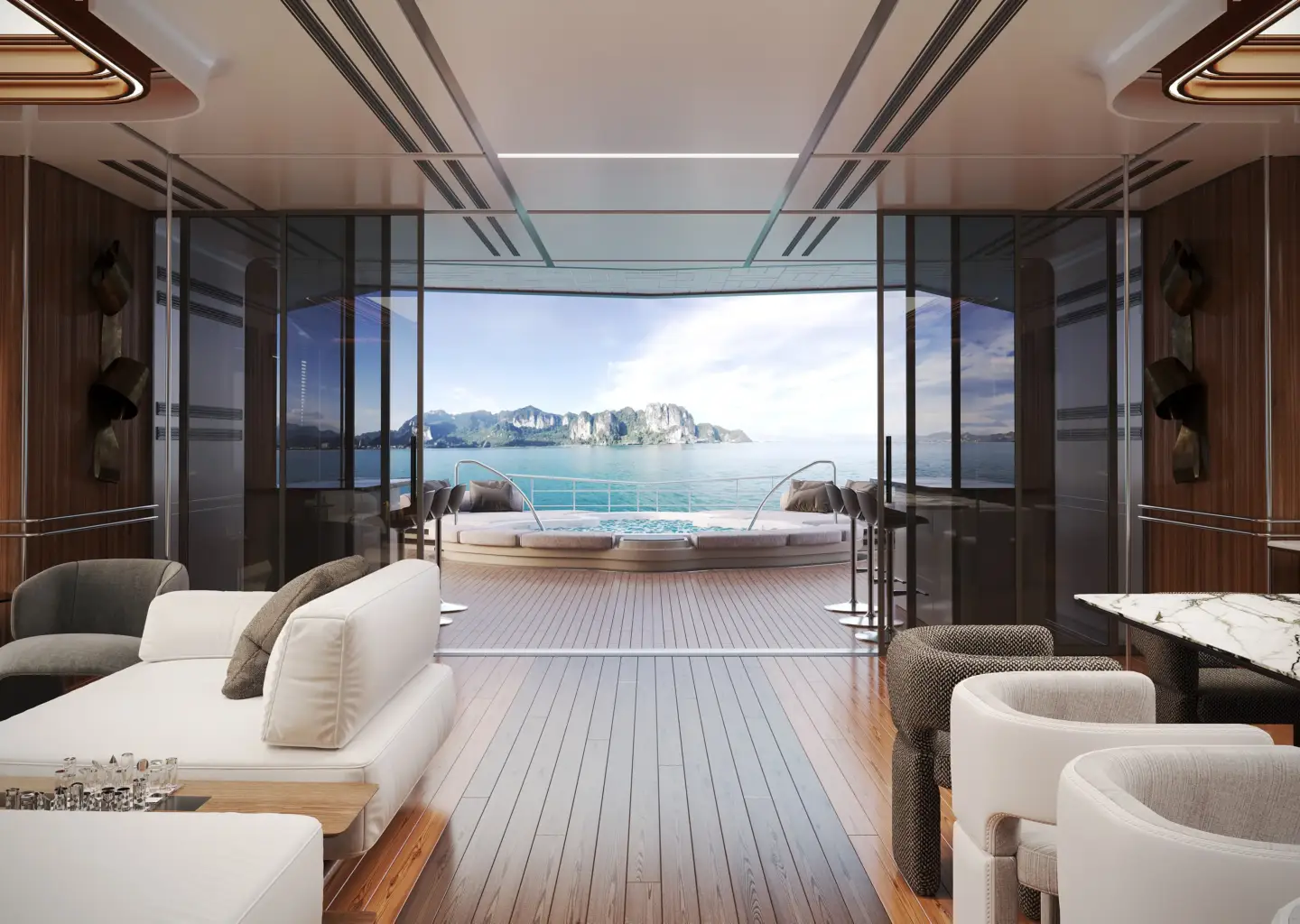 Top Yacht Rendering Studios — Best Yacht Visualization & 3D Renders Luxury yacht interior lounge opening onto an outdoor deck with seating and open sea view