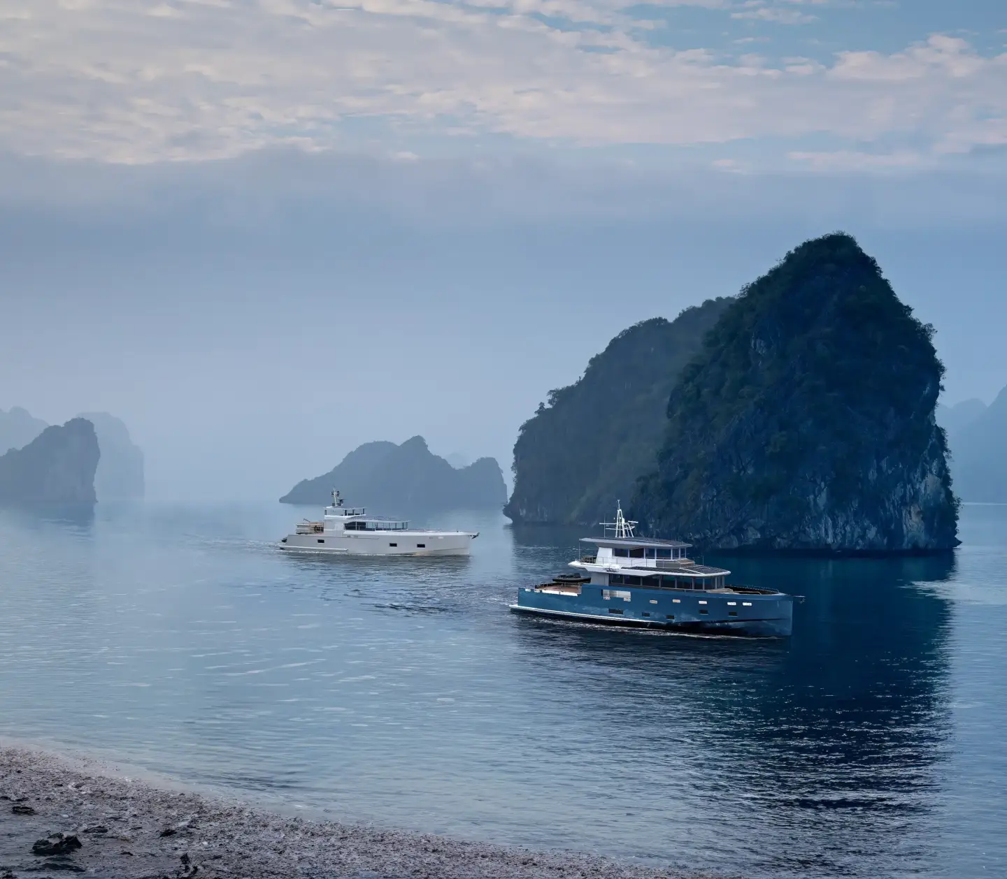 Top Yacht Rendering Studios — Best Yacht Visualization & 3D Renders Two modern yachts moving through a calm bay surrounded by rocky islands and misty coastal landscape