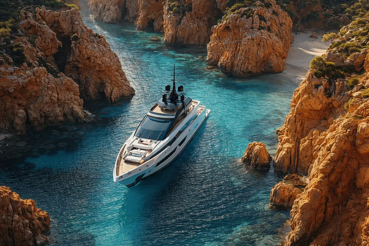 Top Yacht Rendering Studios — Best Yacht Visualization & 3D Renders Motor yacht moored close to a rocky shoreline in calm sea under bright daylight