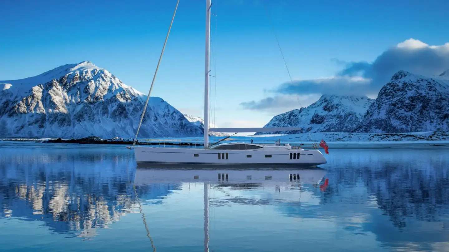 Top Yacht Rendering Studios — Best Yacht Visualization & 3D Renders Sailing yacht anchored on still water with snow-covered mountains reflected on the surface