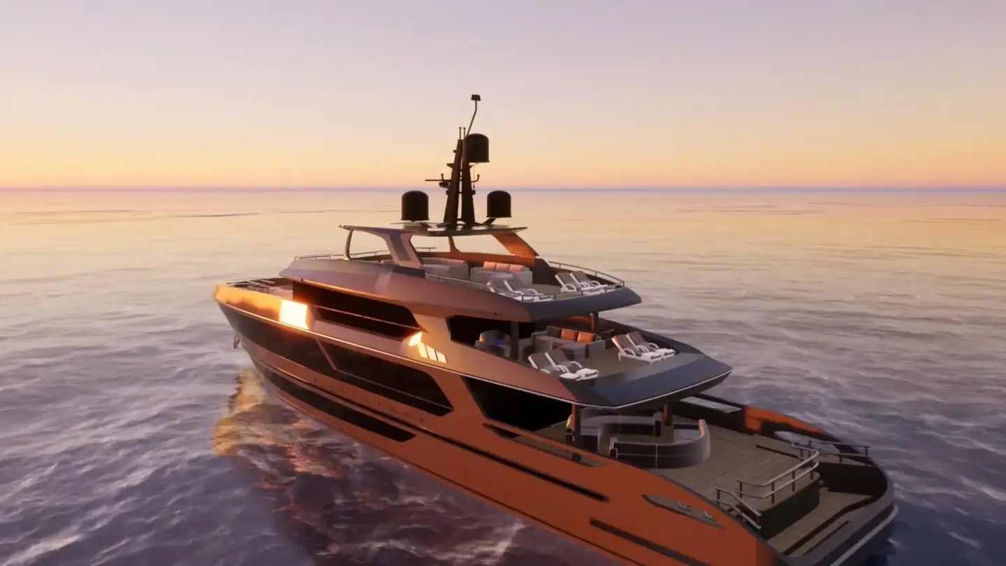 Top Yacht Rendering Studios — Best Yacht Visualization & 3D Renders Sport motor yacht underway on open water with streamlined profile and visible motion
