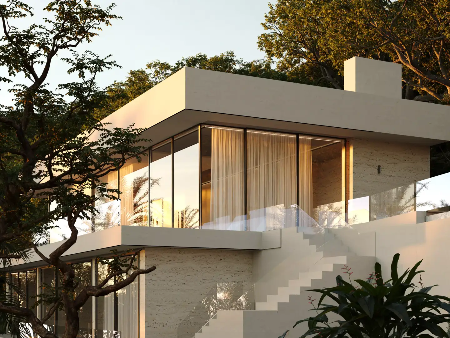 The Role of Post-Processing in Architectural Visualization Modern house render surrounded by greenery with a graded golden-hour atmosphere