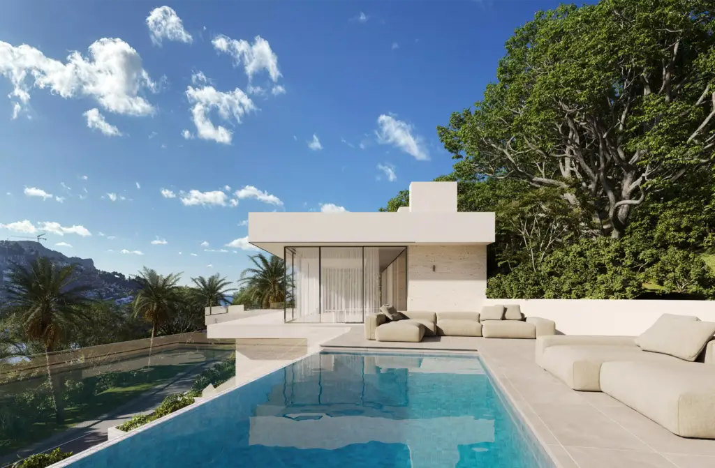 Sun-optimized luxury villa CGI render, architectural visualization by Maverick Frame Studio