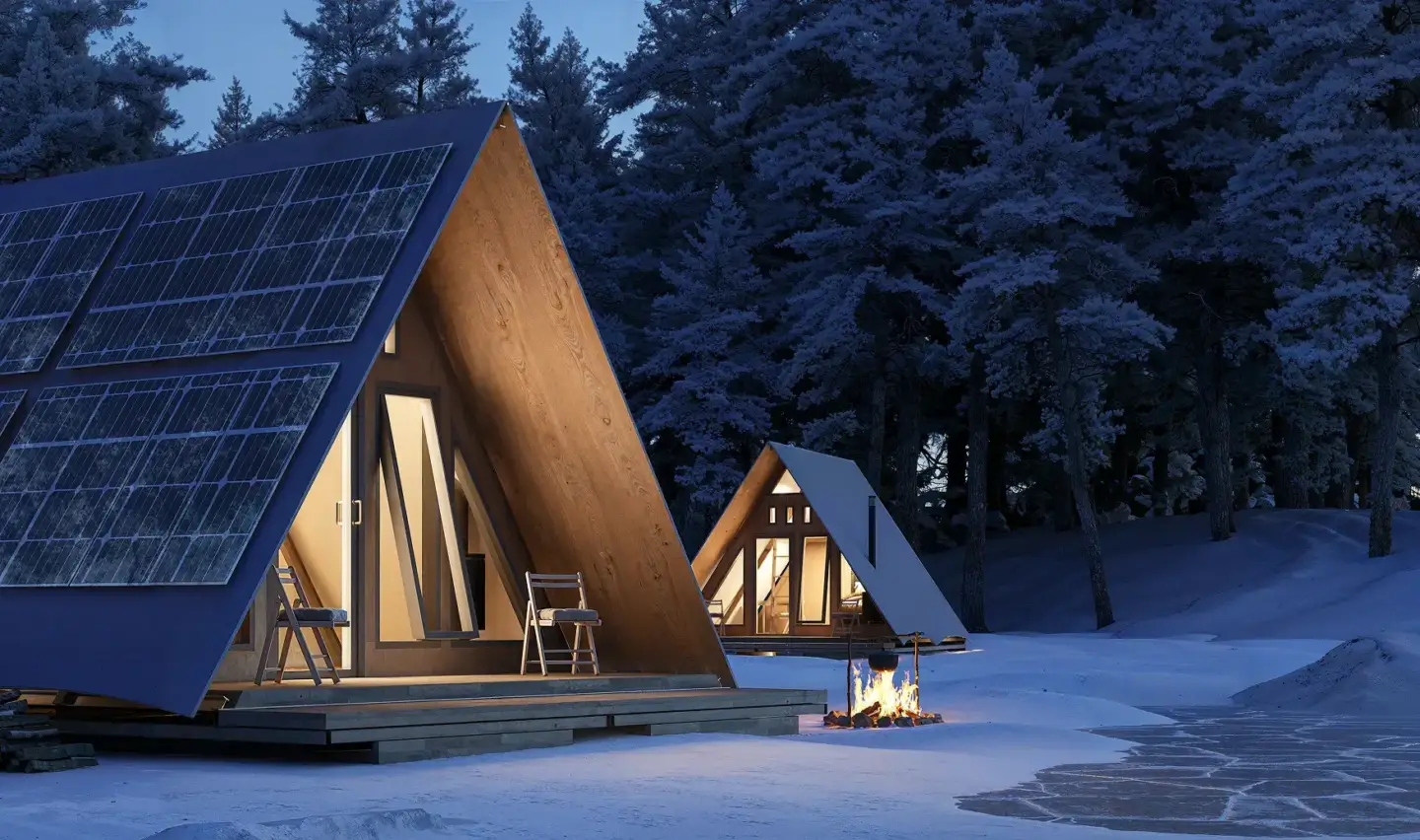 Best 3D Rendering Companies in Germany A-frame cabins in a snowy forest at night with warm interior lighting, solar panels on roofs, and a fire pit nearby