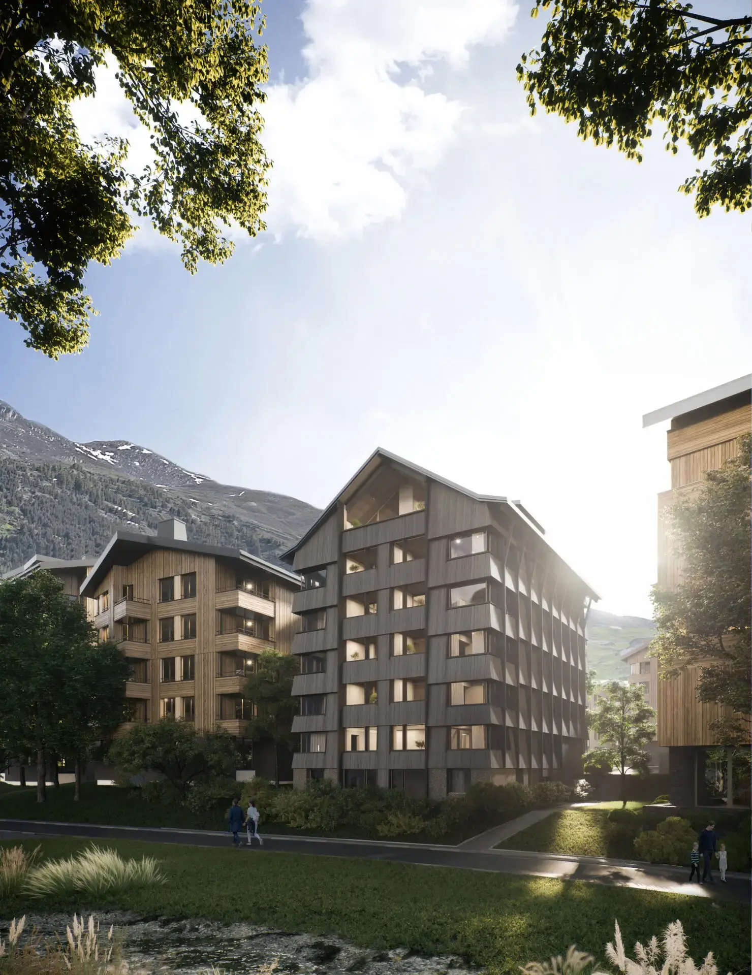 Best 3D Rendering Companies in Germany Mid-rise residential buildings in an alpine village setting with wooden facades, greenery, and mountain backdrop