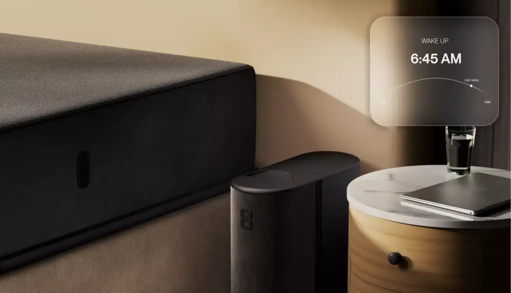 Animation for Sleep Accessories showing smart bedside sleep tracker with wake up display interface