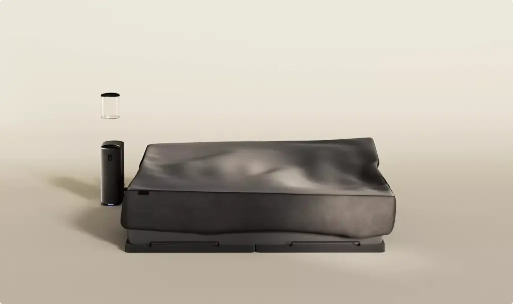 Animation for Sleep Accessories showing smart mattress system with bedside sleep monitoring device