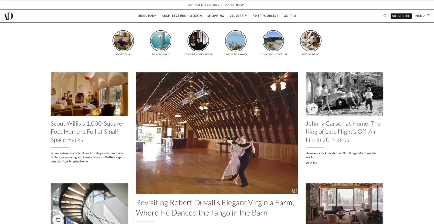 10 Best Architecture Blogs to Follow in 2026 Architectural Digest homepage featuring interior architecture and lifestyle projects