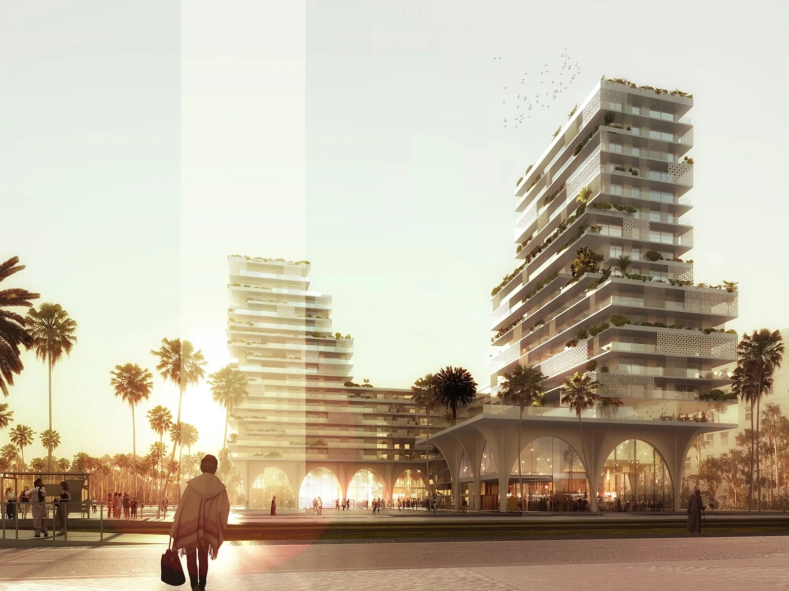 Best 3D Rendering Companies in Saudi Arabia 3D architectural rendering of twin towers with podium retail and palm-lined public plaza at sunset