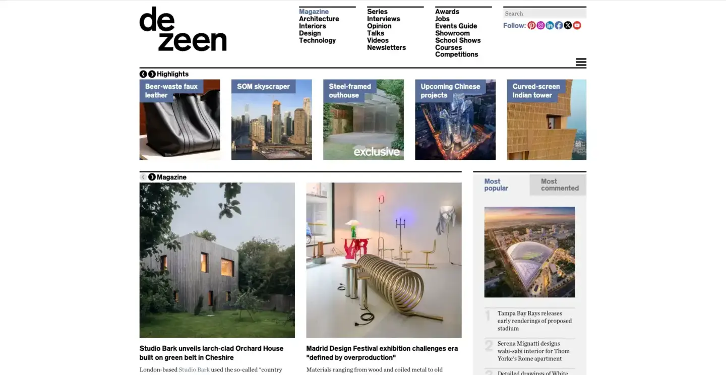 10 Best Architecture Blogs to Follow in 2026 Dezeen homepage showing contemporary design and global architectural trends