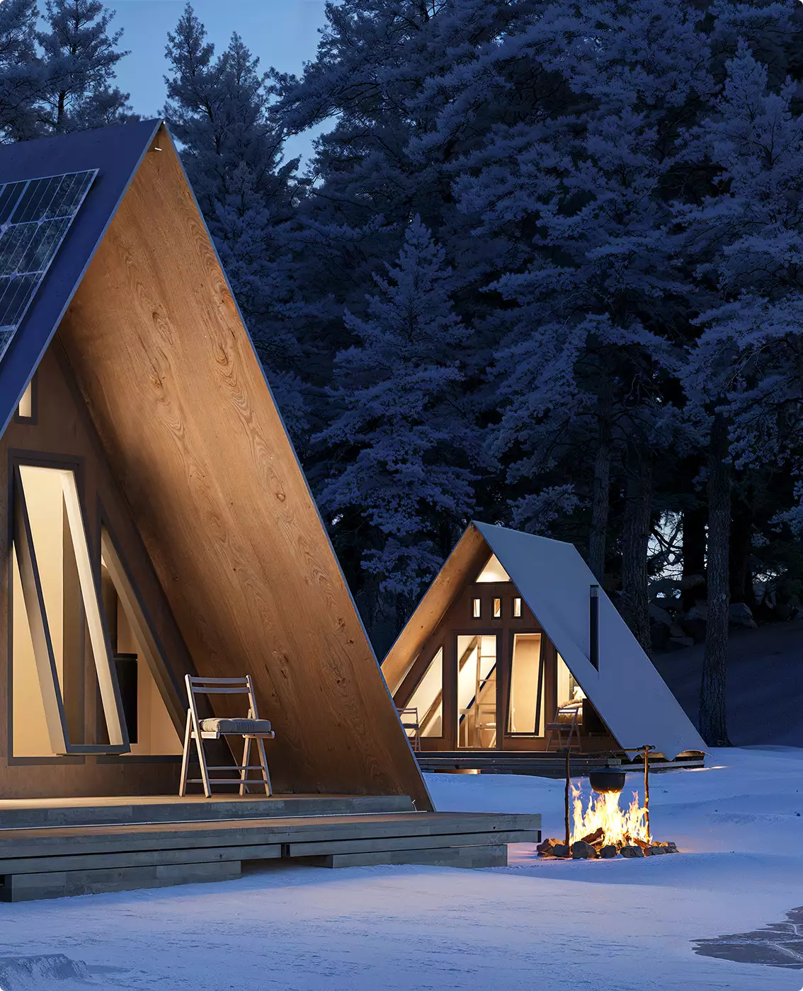 Eco houses design with a frame cabins and solar panels in snowy forest at night