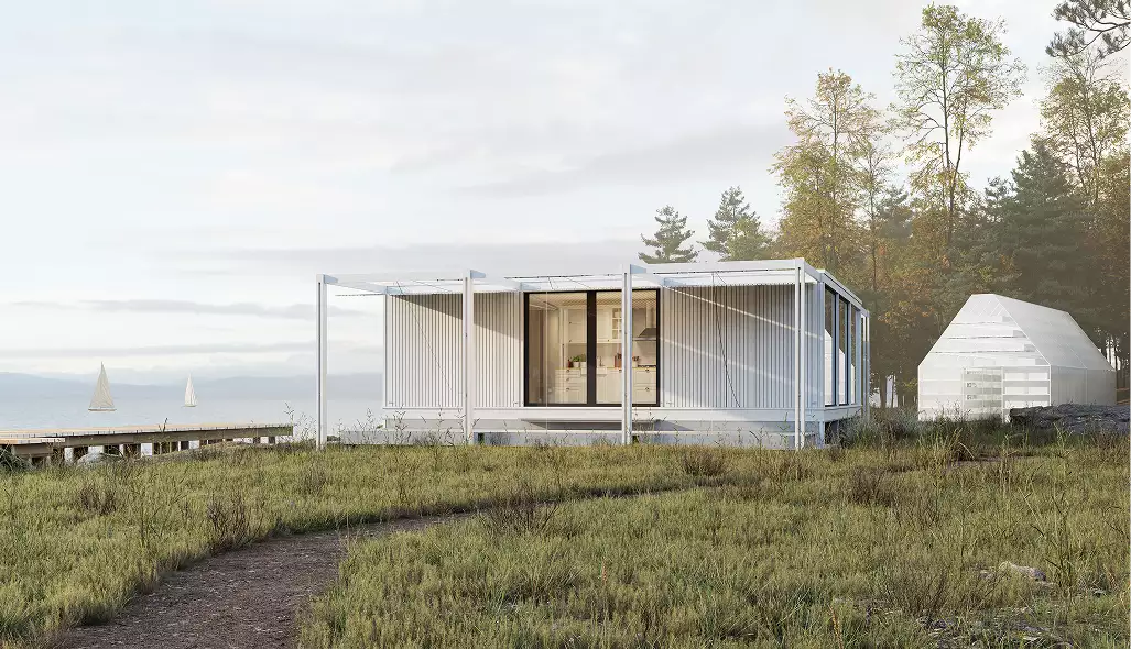 Eco houses design with modern modular glass house near lake and forest landscape