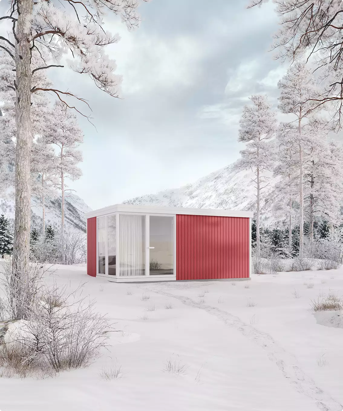 Eco houses design with small red modular house and large glass windows in snowy mountain landscape