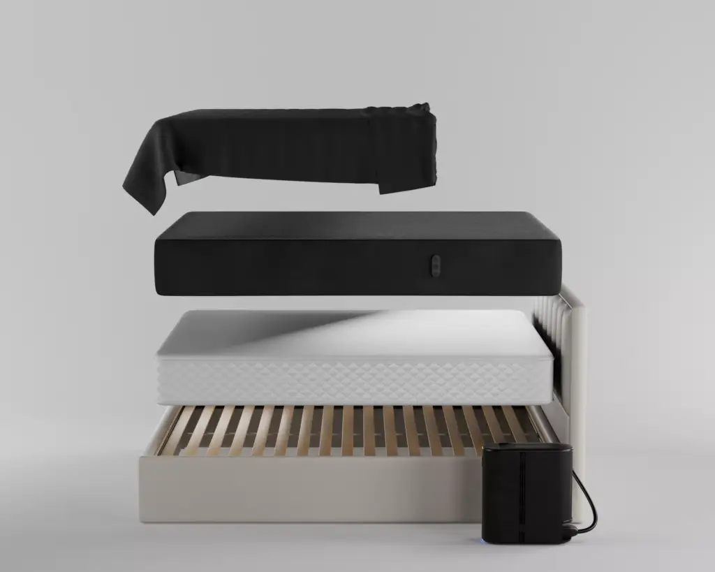 Exploded-view CGI showing the construction of the Eight Sleep smart bed