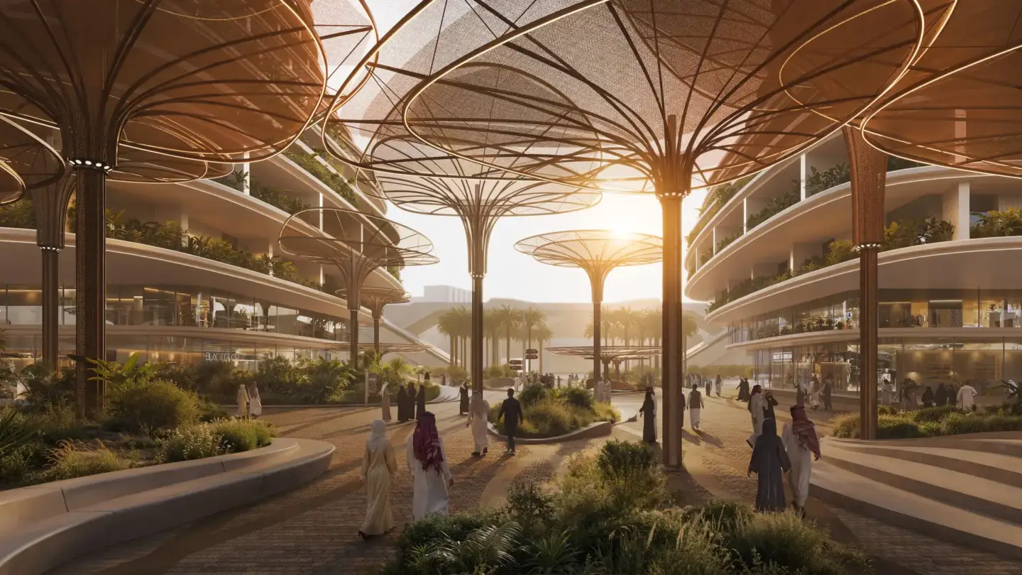 Best 3D Rendering Companies in Saudi Arabia 3D architectural rendering of futuristic plaza with canopy structures and pedestrians at sunset