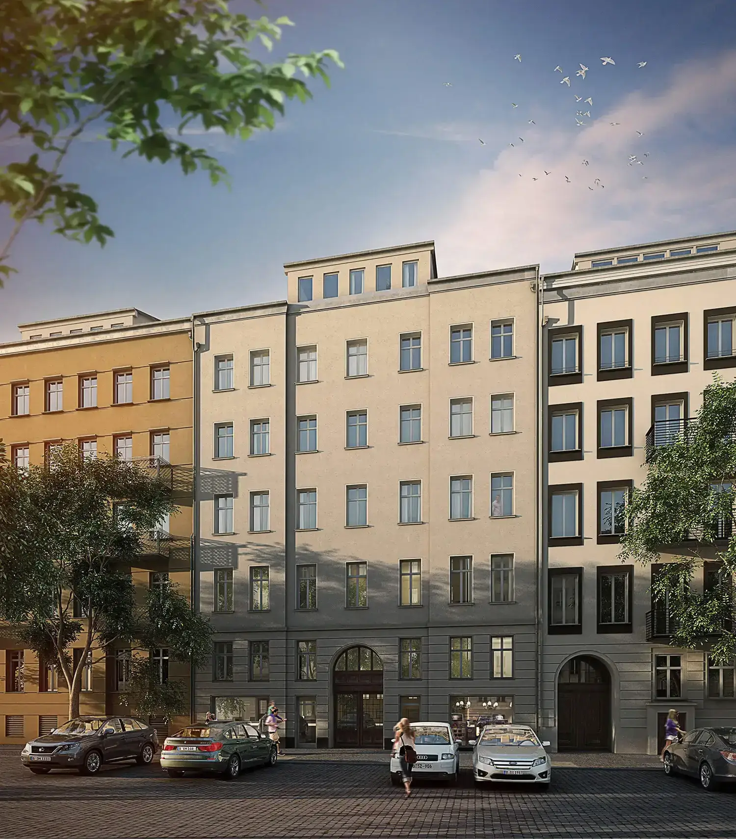 Best 3D Rendering Companies in Germany Street-level view of a restored historic apartment building with parked cars and pedestrians in an urban setting