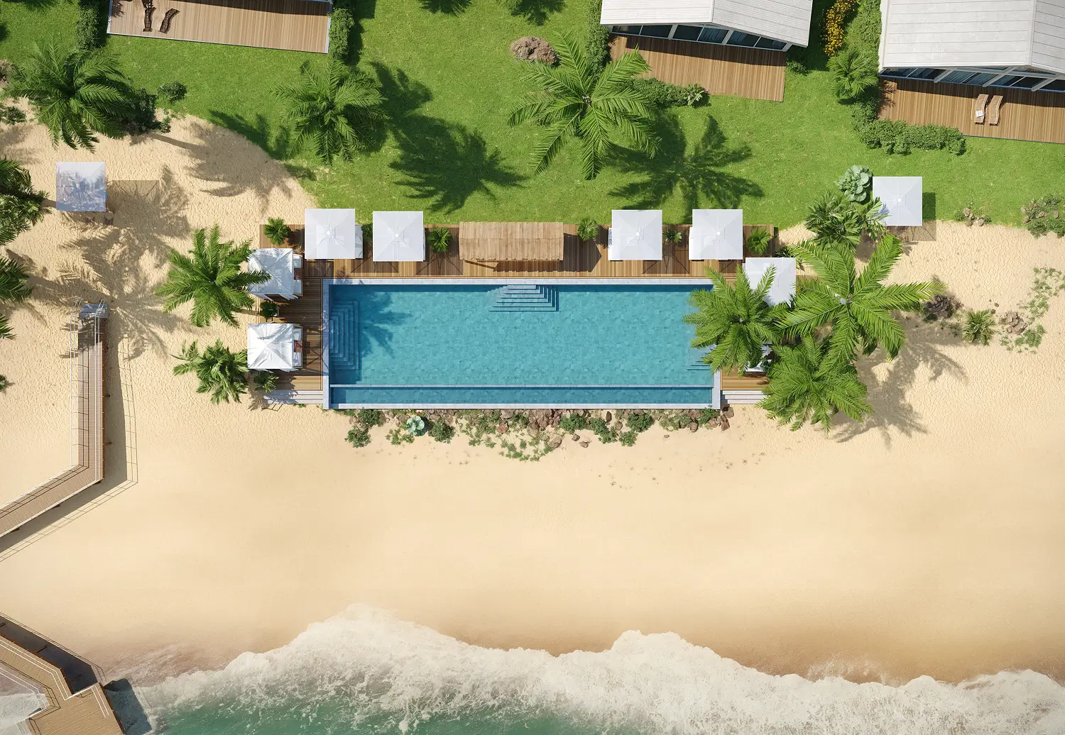 What Is 3D Visualization? Resort master plan aerial 3D visualization with pool and beach