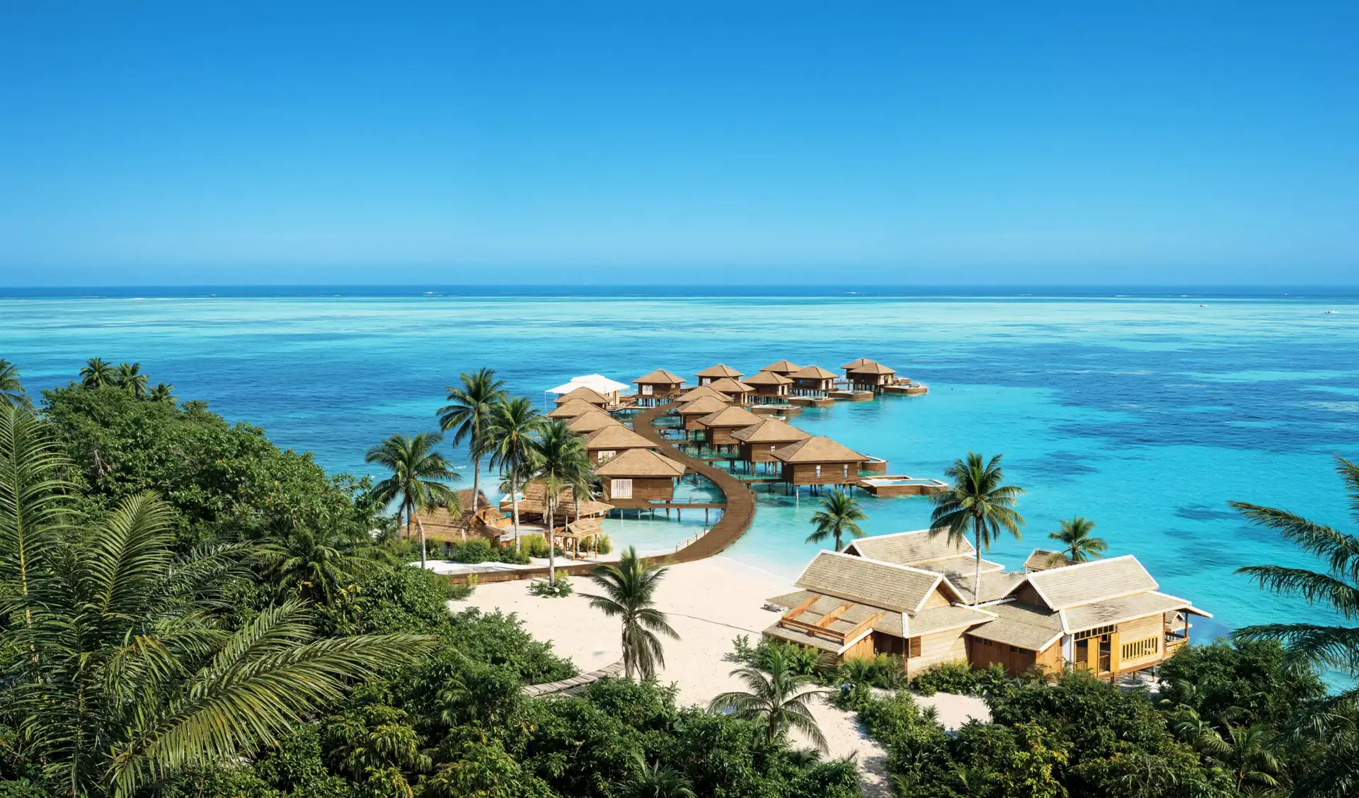 Architectural visualization of a beachfront resort with overwater villas and private deck loungers above a calm turquoise sea.