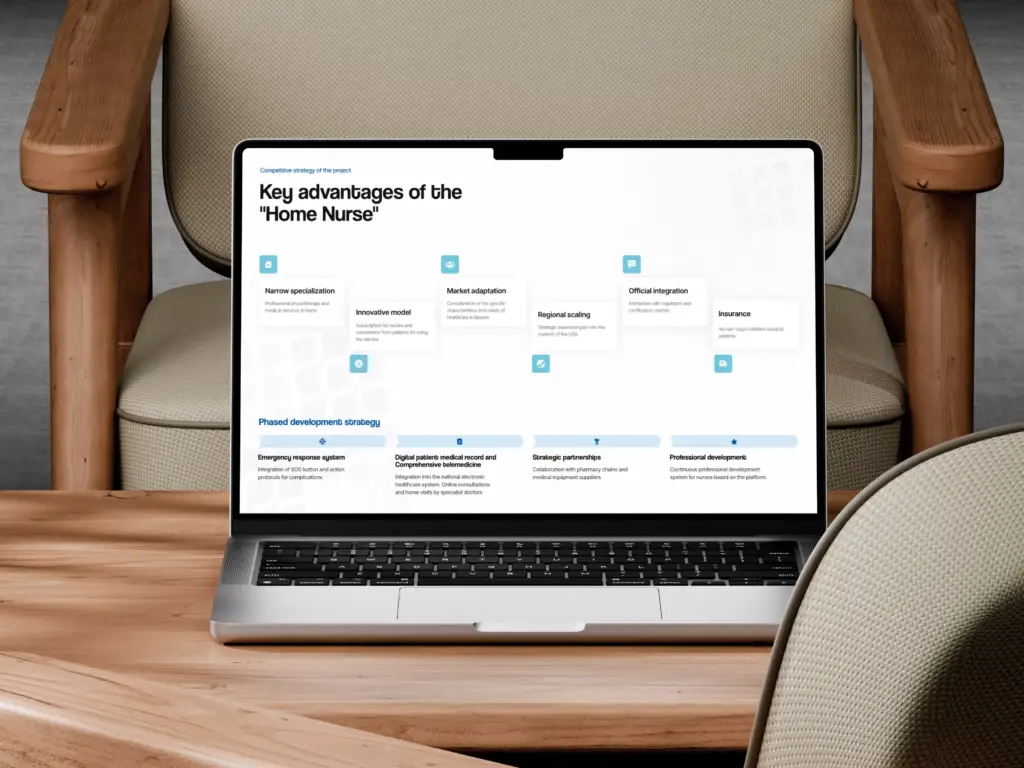 Laptop mockup showing product advantages of the home nurse app