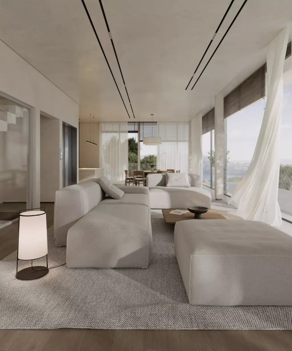 Living room interior rendering from the sun-optimized luxury villa CGI project