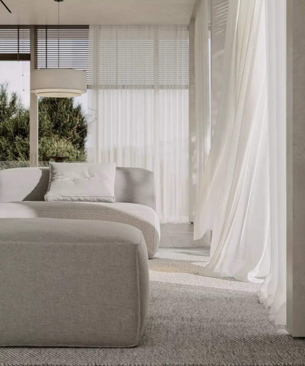 Living room interior rendering from the sun-optimized luxury villa CGI project