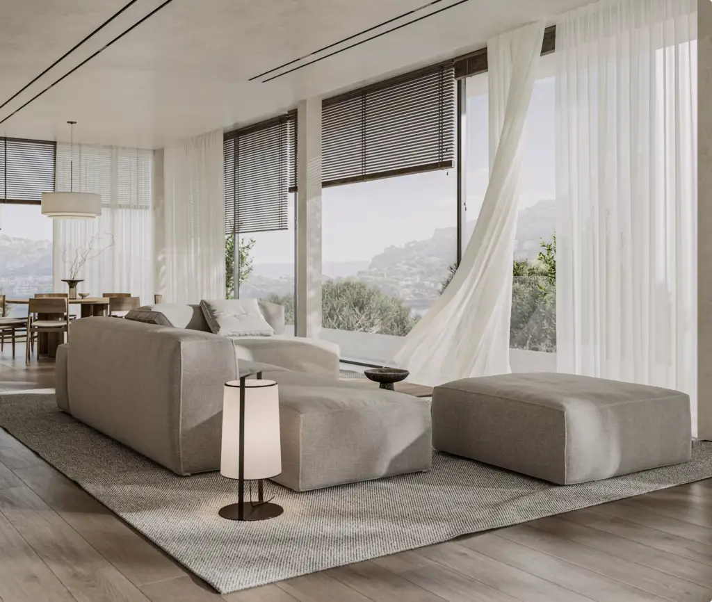 Luxury Villa interior with panoramic windows, modern sectional sofa, and flowing sheer curtains