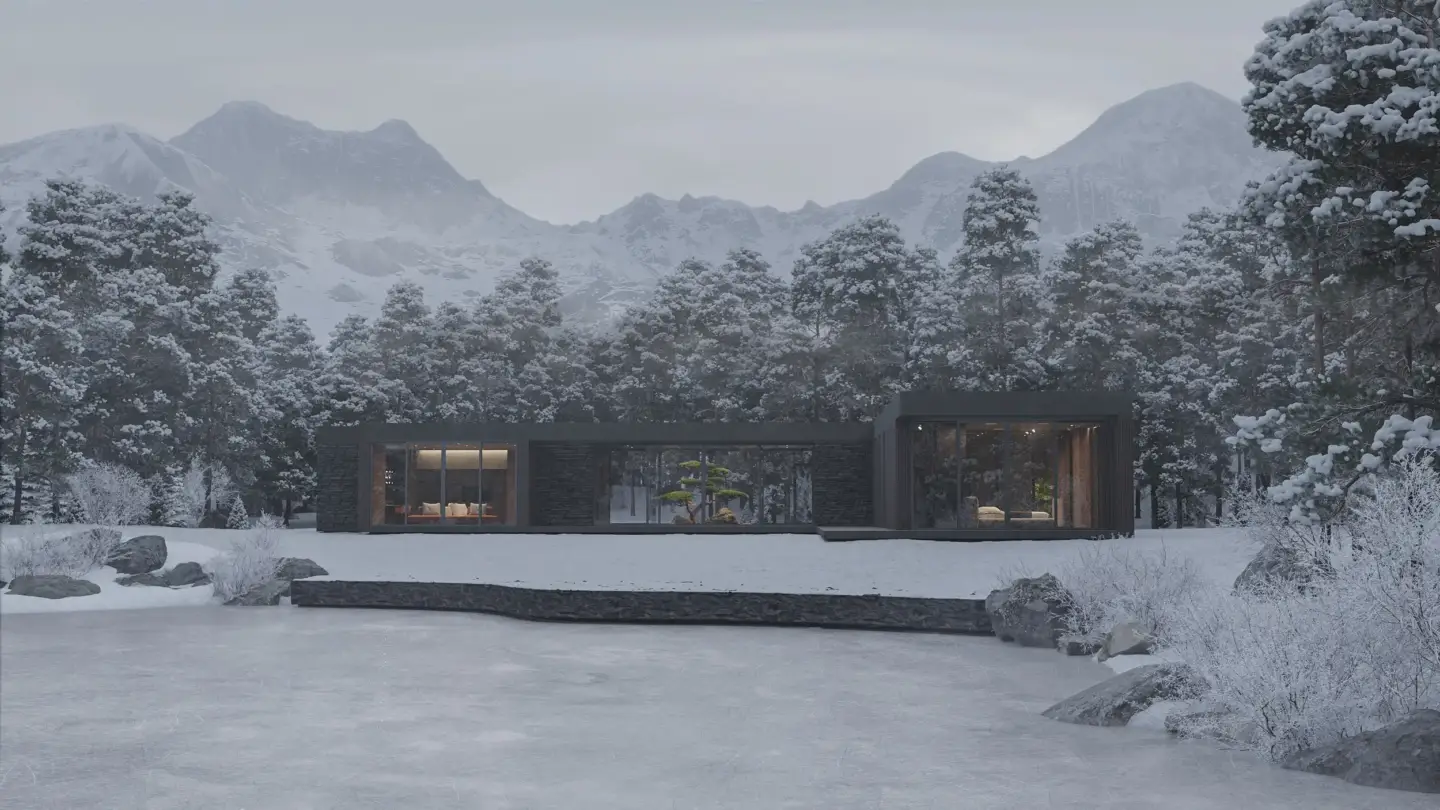 Best 3D Rendering Companies in Germany Low modern house in a snowy forest clearing with mountains in the background and large panoramic windows