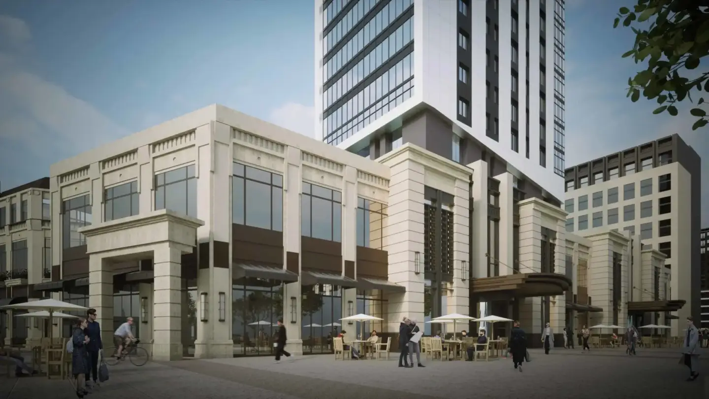 Best 3D Rendering Companies in Germany Contemporary urban plaza with mixed-use buildings, outdoor seating areas, pedestrians, and surrounding towers