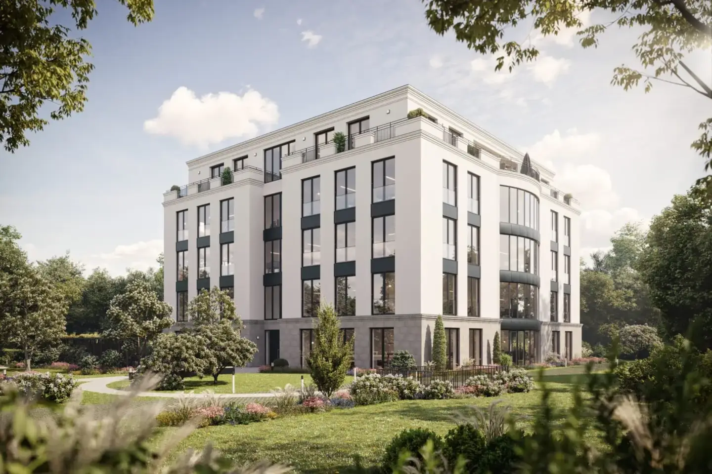 Best 3D Rendering Companies in Germany Modern apartment building in a landscaped urban park, showcasing work by best 3D rendering companies in germany