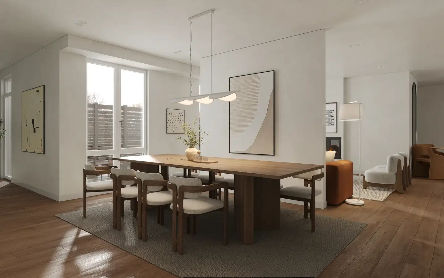 Architectural visualization rendering of a modern dining room with wood table and upholstered chairs
