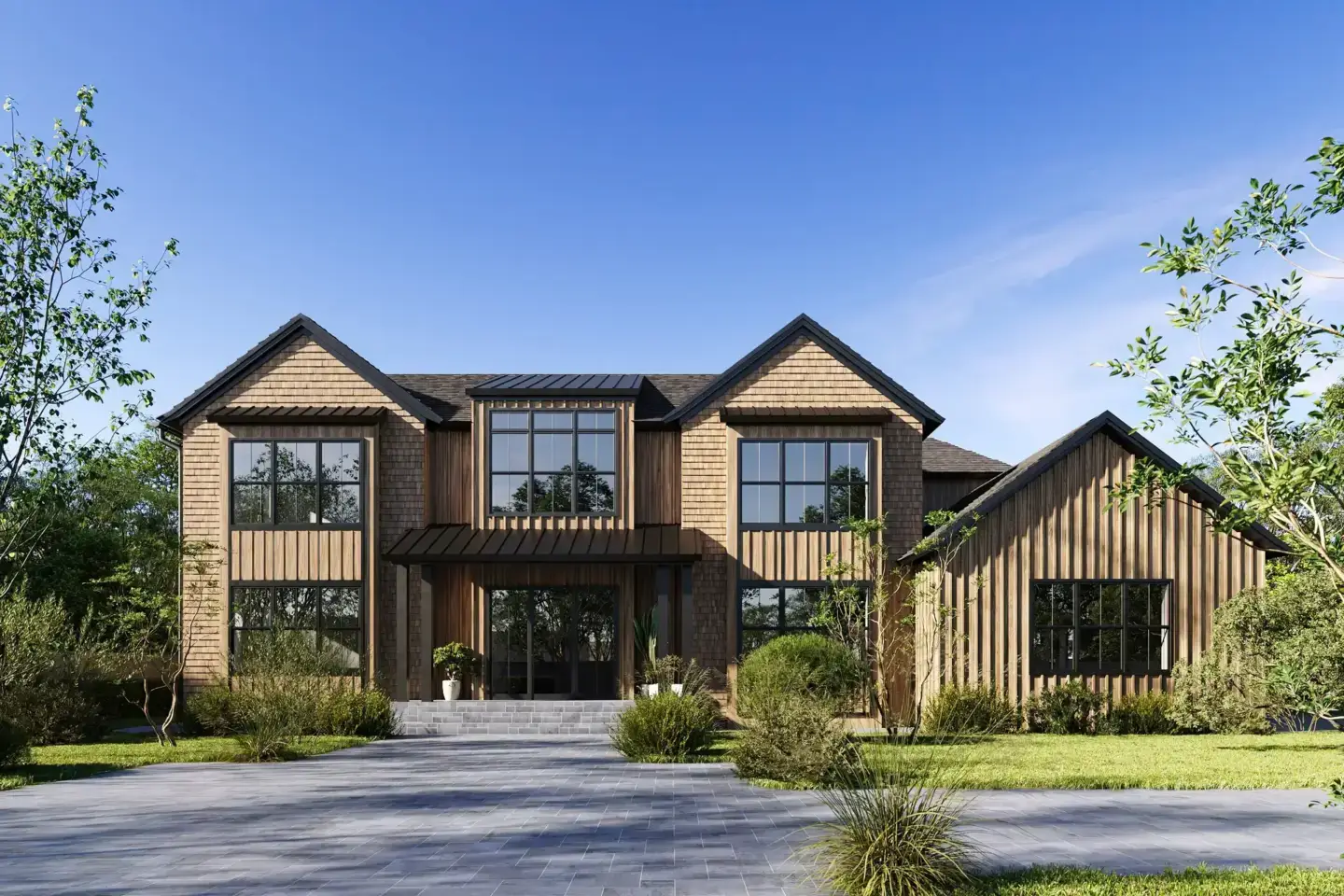 Architectural rendering of a modern house exterior with wood facade, black framed windows, and landscaped yard