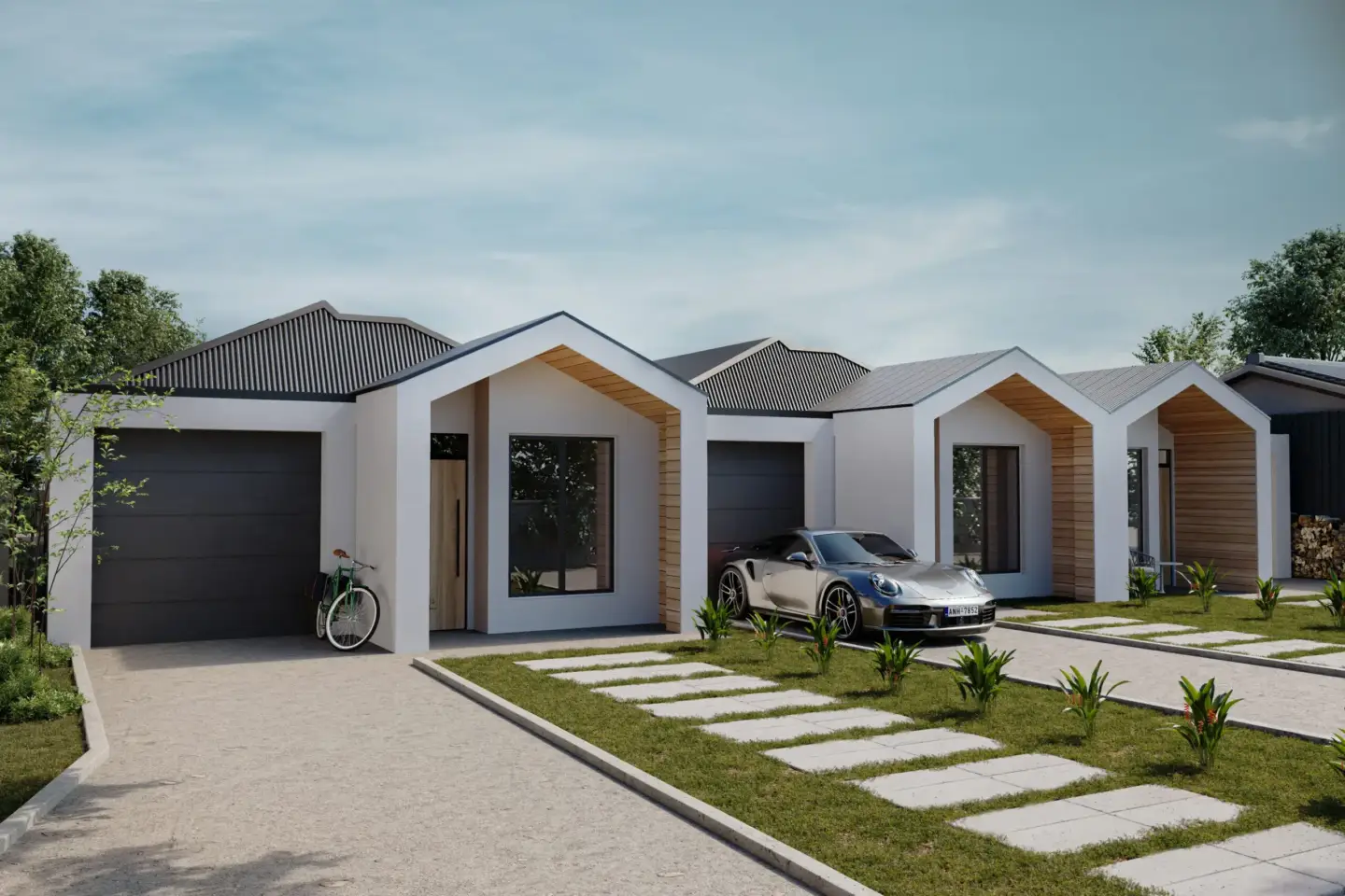 Best 3D Rendering Companies in Germany Row of modern single-story houses in a suburban setting with driveways, garages, and landscaped front yards