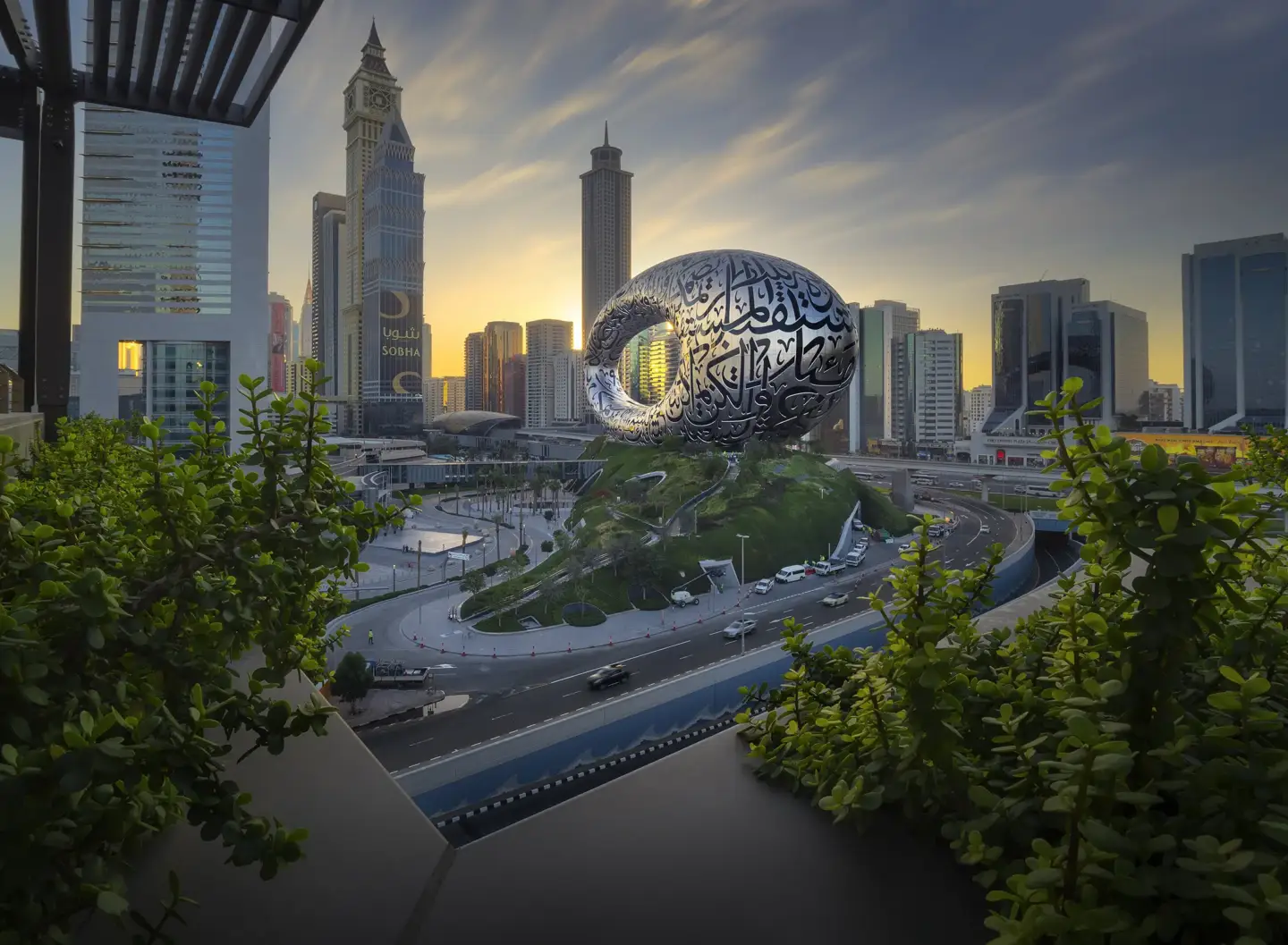 Best 3D Rendering Companies in Saudi Arabia Museum of the Future in Dubai at sunset with skyline buildings and highway traffic
