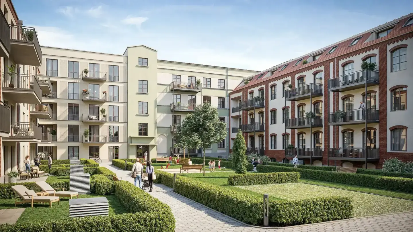Best 3D Rendering Companies in Germany Inner courtyard of a residential block with landscaped lawns, walkways, benches, and people relaxing outdoors