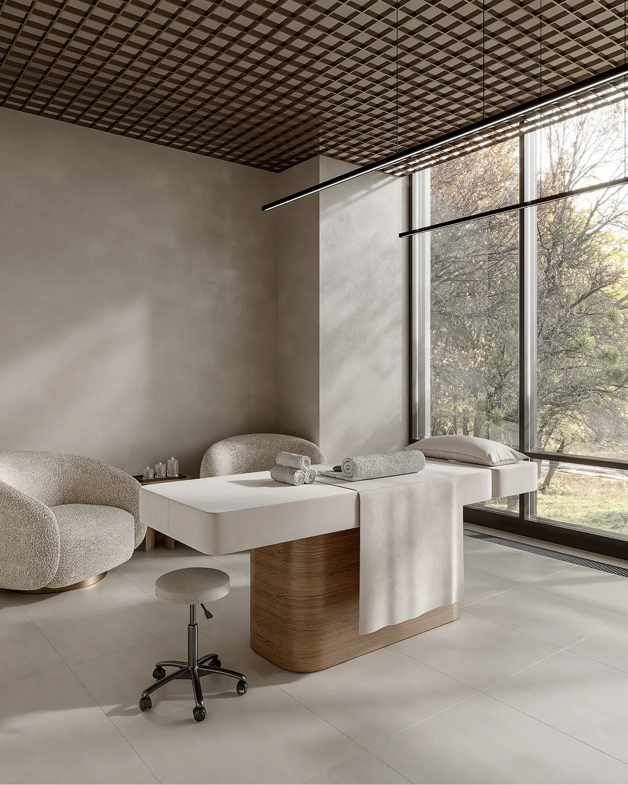 3D architectural rendering of a spa interior with massage table, textured walls, and natural window light