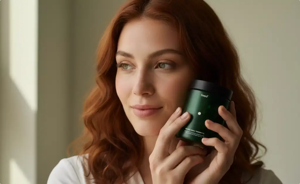 Woman with red hair holding green Seed jar near face by window light, supplement packaging design