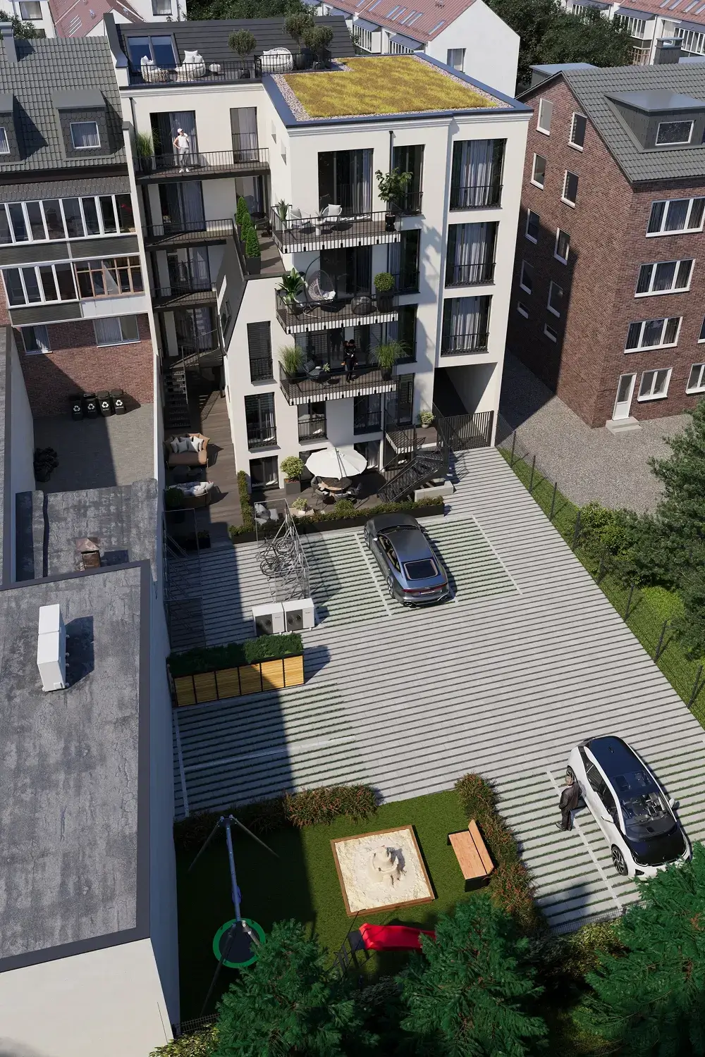 Best 3D Rendering Companies in Germany Aerial view of a multi-story apartment building with balconies, inner courtyard, parked cars, and surrounding houses