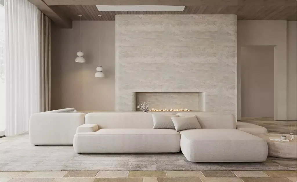 3D animation house living room with curved sofa, stone fireplace, and pendant lights