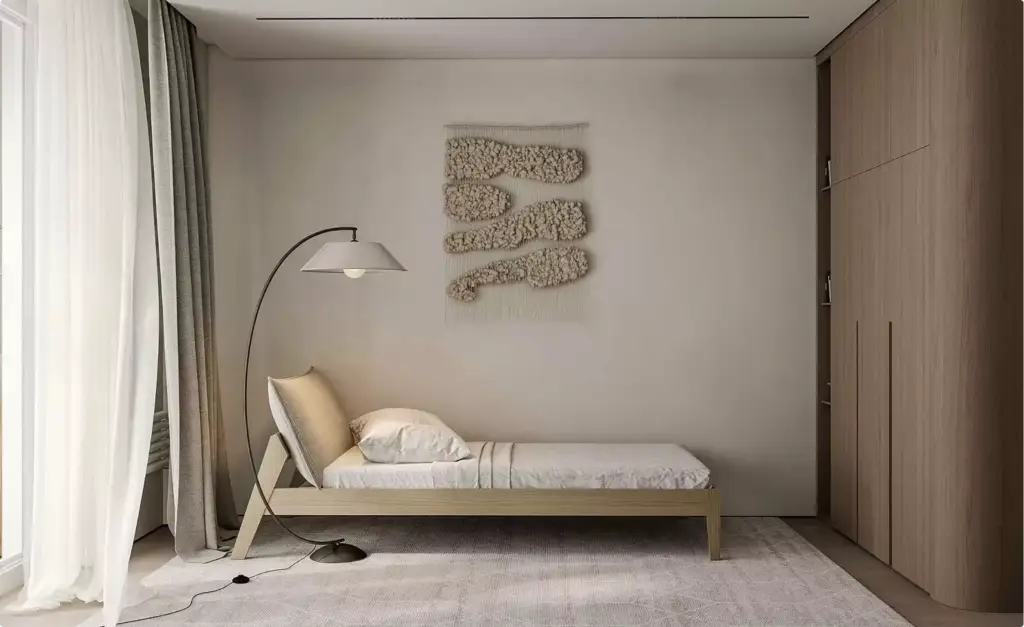 3D apartment tour bedroom with single bed, floor lamp, wall art, and wood wardrobe in soft neutral tones