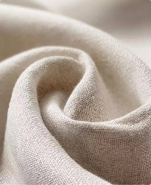 3D apartment tour close-up of beige woven fabric with a soft folded texture and neutral tone
