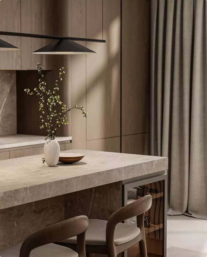 3D apartment tour kitchen detail with stone island, wood stools, vase, and floor-length curtains