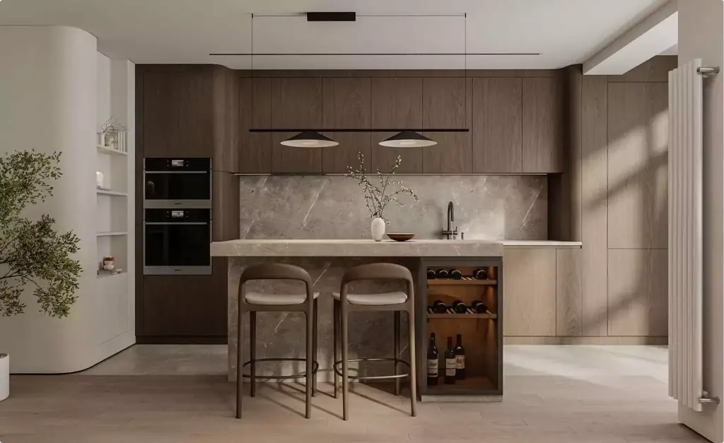 3D apartment tour modern kitchen with stone island, wood cabinets, stools, and warm natural light