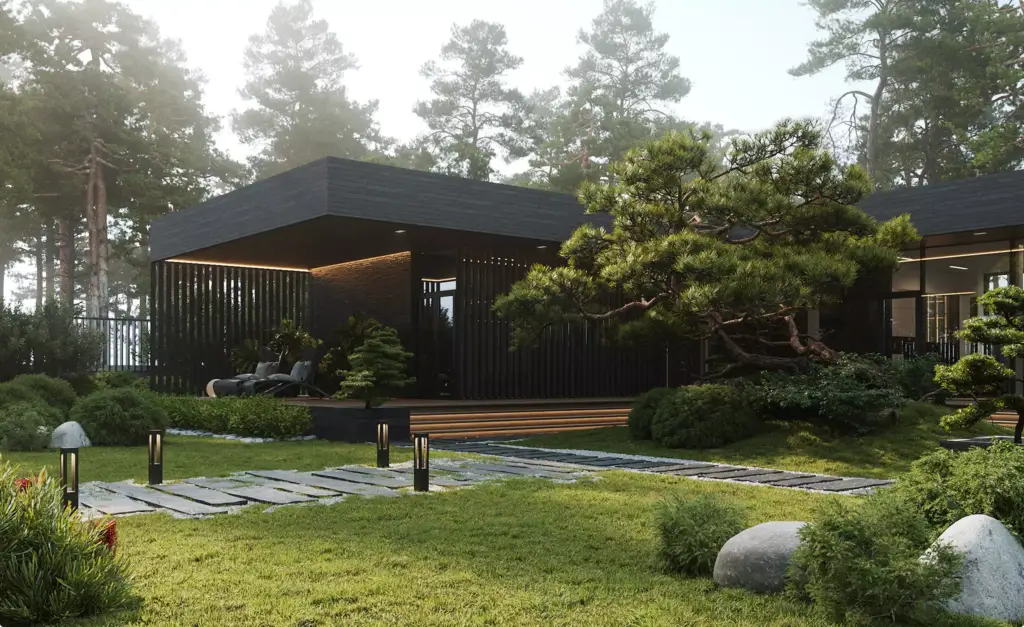 3D exterior rendering of modern black wood house with landscaped garden path pine trees and outdoor lounge